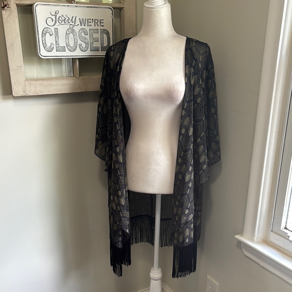 Lularoe Fringe Aztec Pattern Sheer Monroe Kimono Black Green Gold NWT